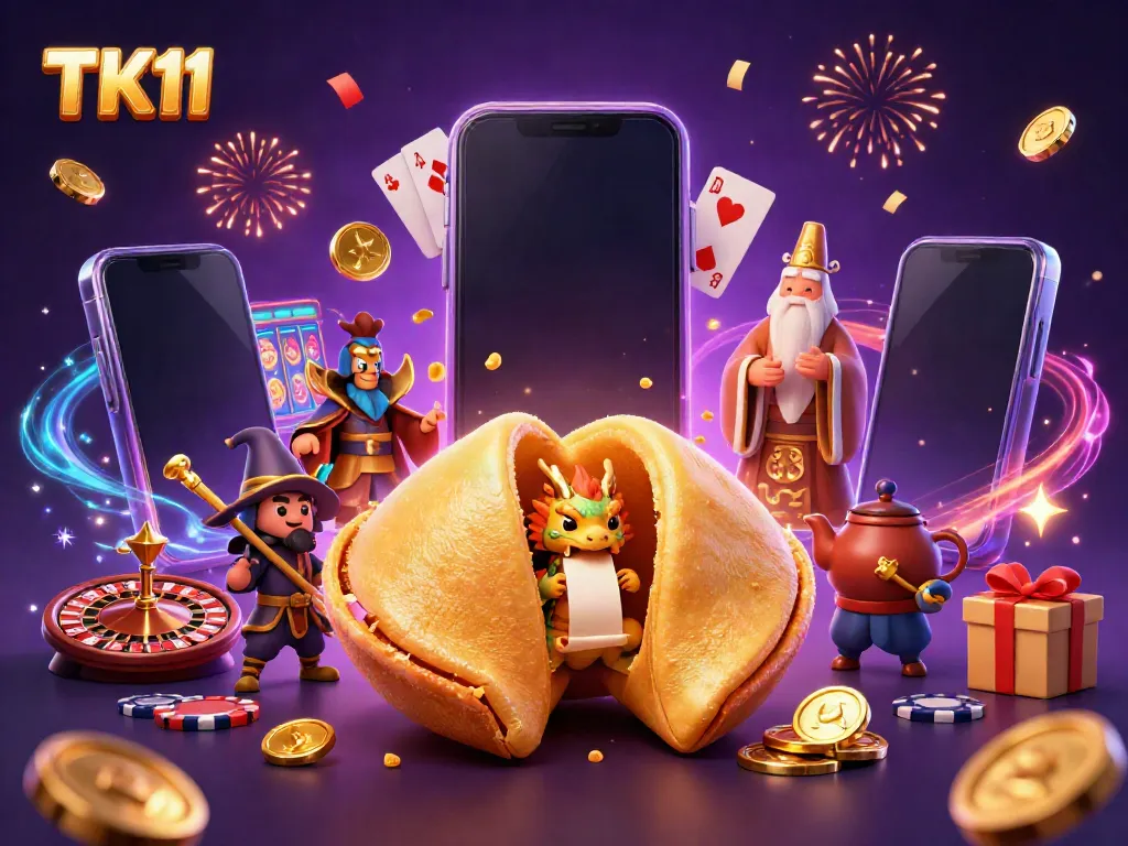 Experience the excitement of TK11 with a colorful online gaming scene featuring a golden fortune cookie and vibrant casino elements.