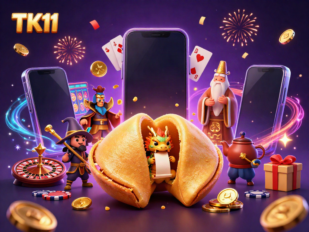 Experience the excitement of TK11 with a colorful online gaming scene featuring a golden fortune cookie and vibrant casino elements.
