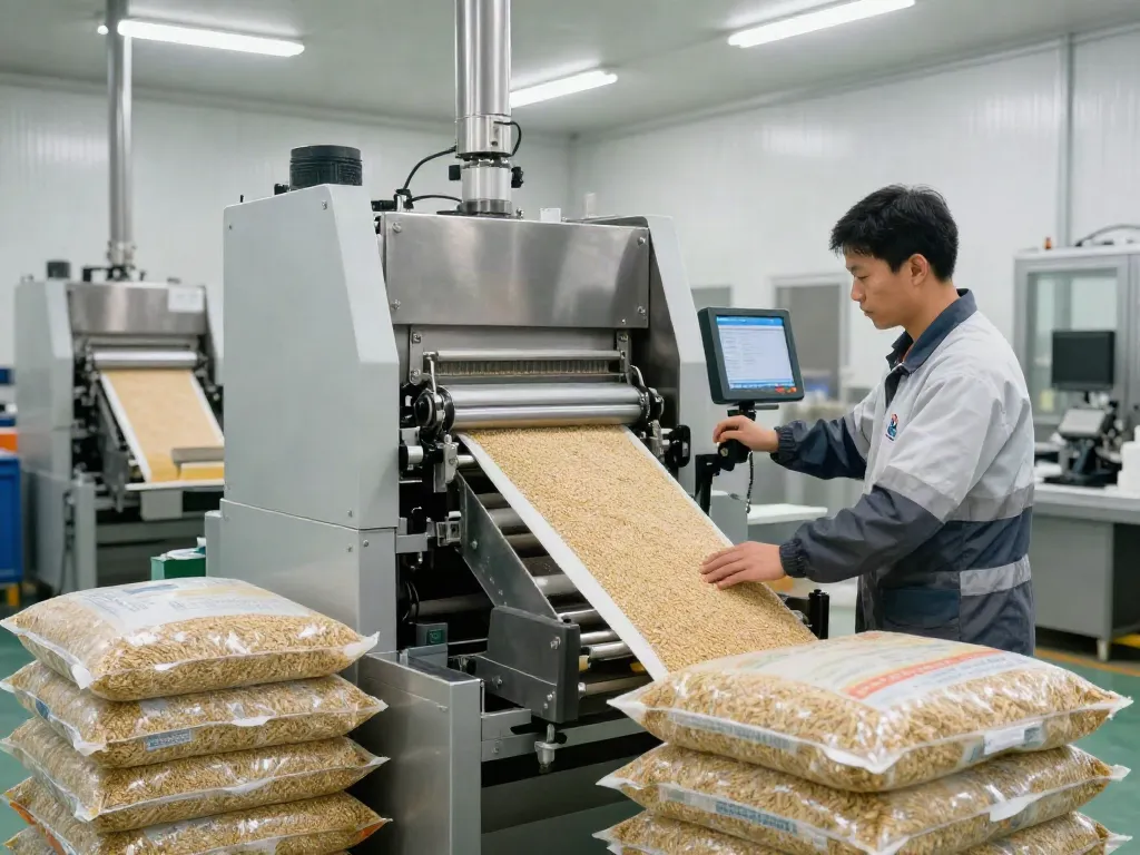 Open mouth bag filling machine efficiently packaging agricultural products in a manufacturing facility.