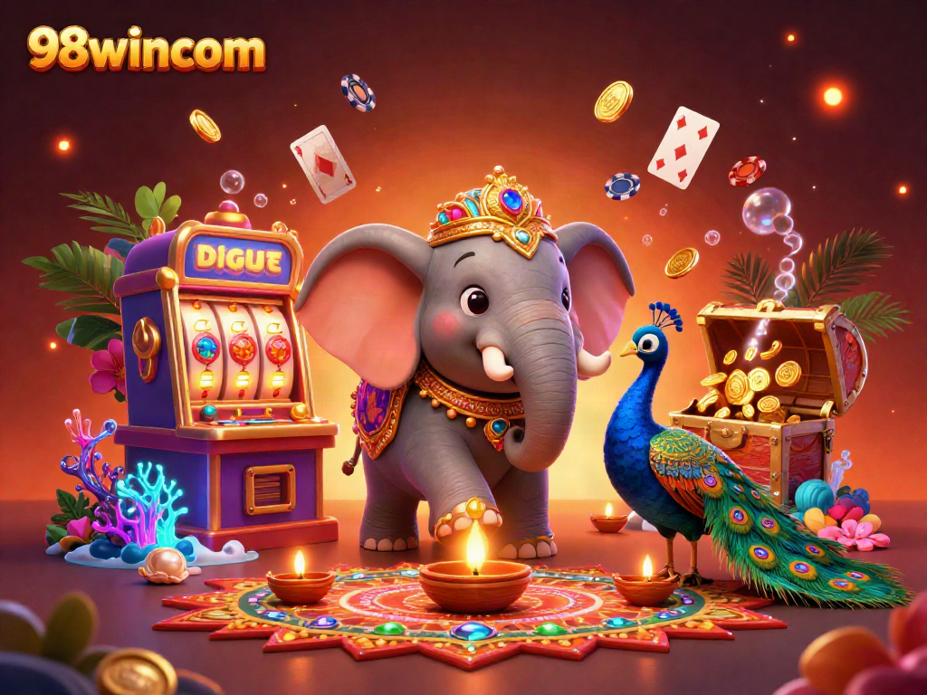 Engage with thrilling gameplay at 98wincom featuring an elephant and peacock amidst vibrant gambling elements.