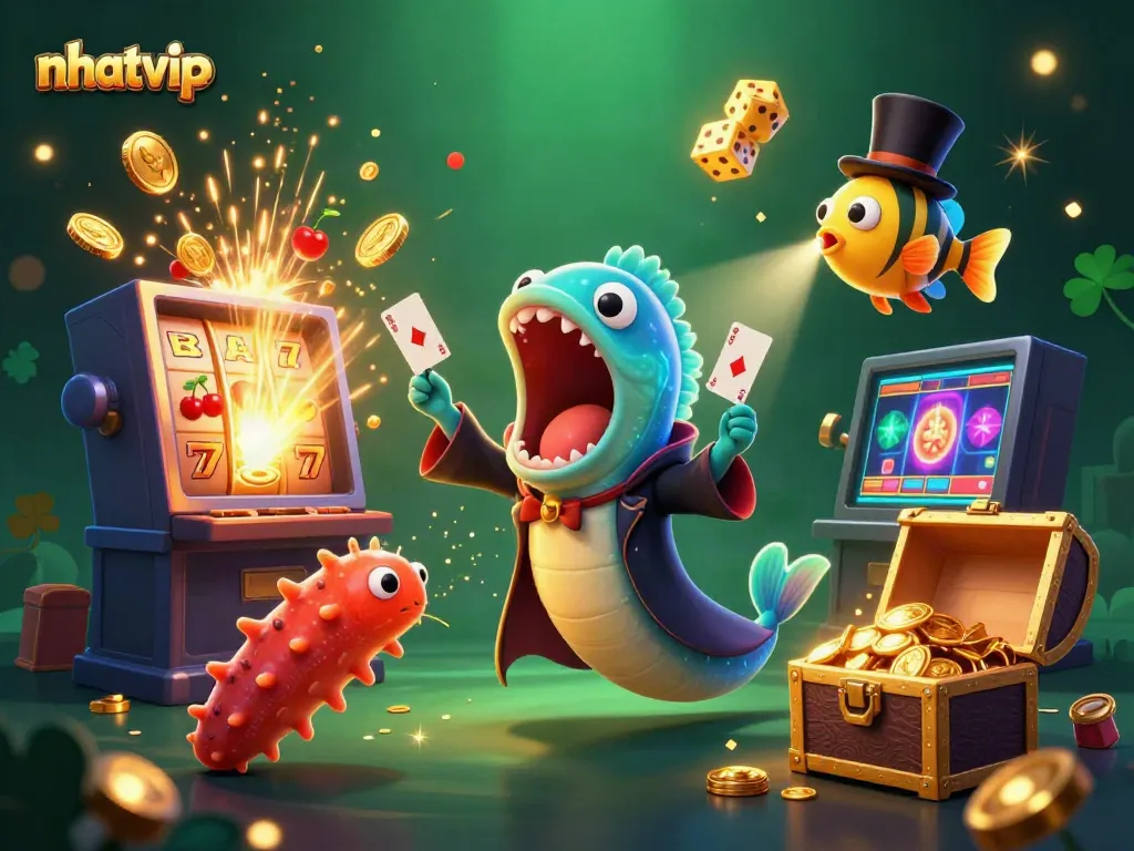 Nhatvip magic casino scene with colorful card tricks and thrilling slot machines