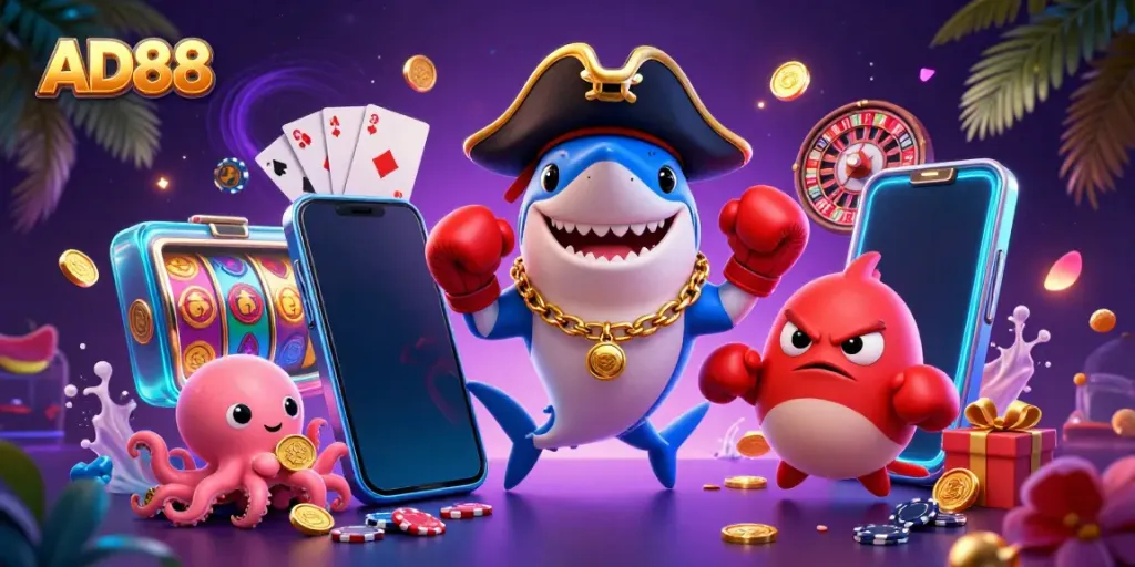 AD88 online casino vibrant scene with pirate shark, pufferfish, and octopus celebrating winnings.