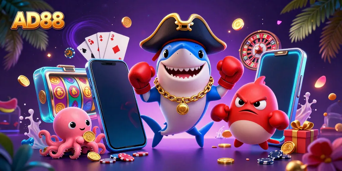 AD88 online casino vibrant scene with pirate shark, pufferfish, and octopus celebrating winnings.