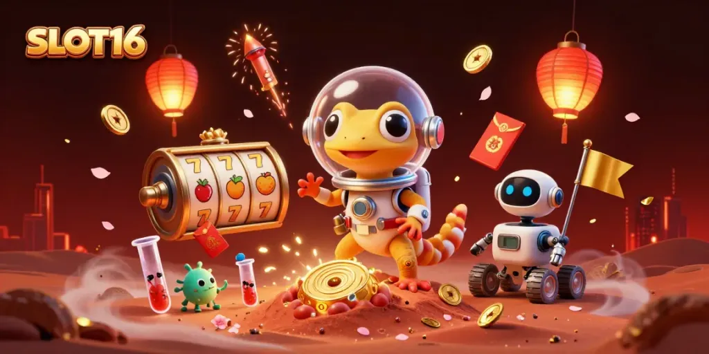 Engage with the vibrant world of SLOT16 featuring a Martian gecko celebrating a casino discovery.