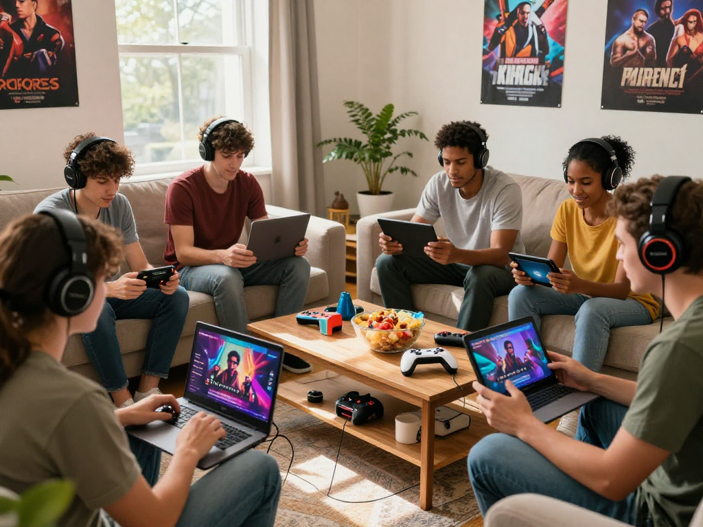 Adults enjoying engaging porn games in a lively home gaming setup