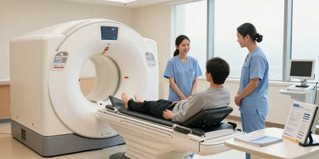 Patient im Diagnostikzentrum Wolfsburg in entspannter Atmosphäre während der Untersuchung.