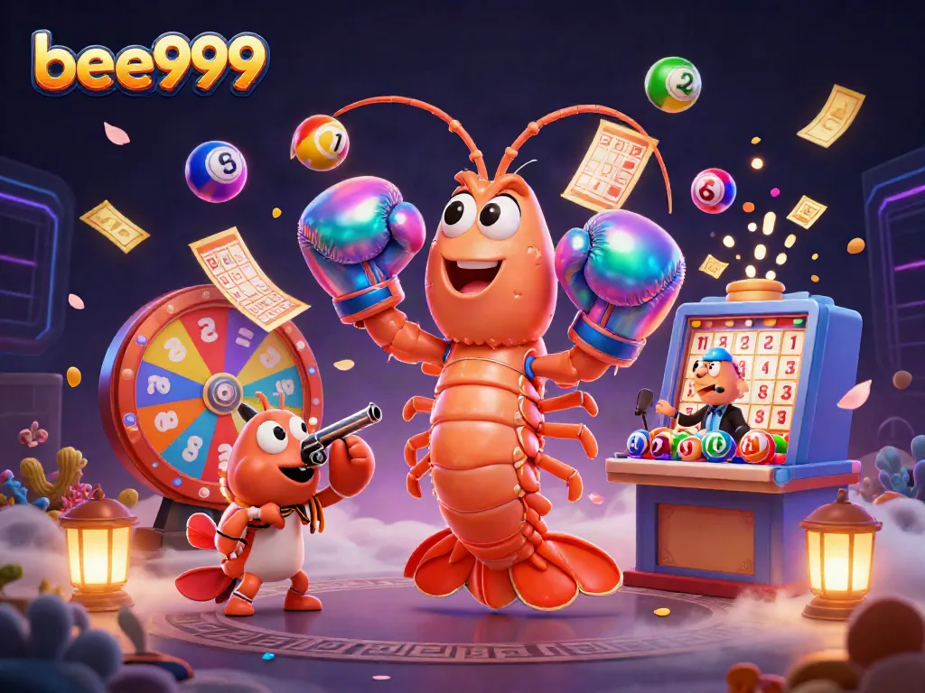 Experience thrilling casino action with bee999's vibrant lottery elements and engaging characters in this dynamic scene.