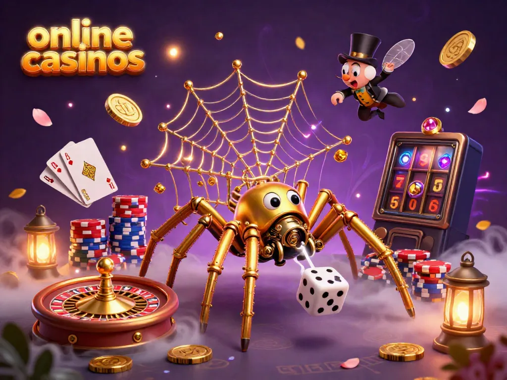 Engaging scene depicting online casinos featuring a golden spider and a fly gentleman amidst games and prizes.