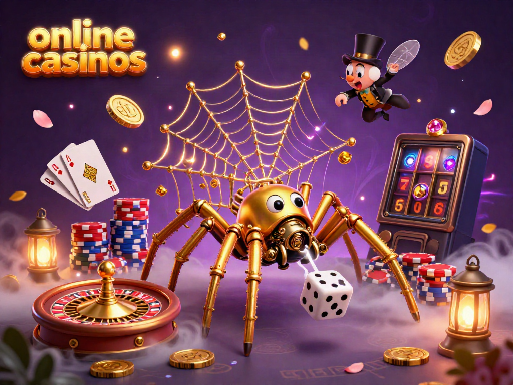 Engaging scene depicting online casinos featuring a golden spider and a fly gentleman amidst games and prizes.