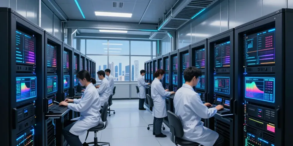 AI data center with engineers monitoring GPU servers and analytics.