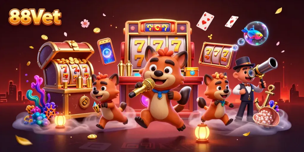 Experience the vibrant 88Vbet casino atmosphere with hyena characters engaging in interactive gambling activities.