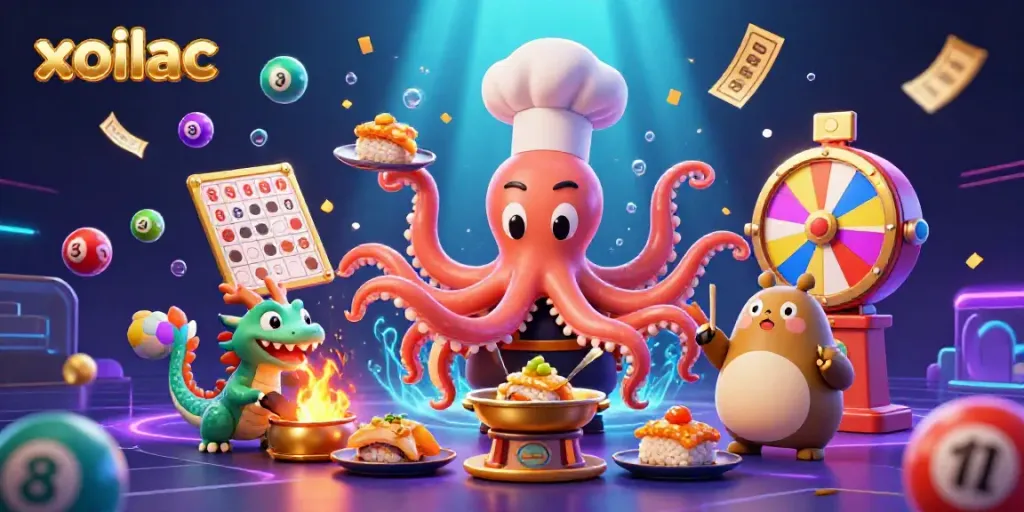 Xoilac offers an exciting 3D casino illustration featuring a vibrant scene of animated characters intertwined with dynamic gambling elements.