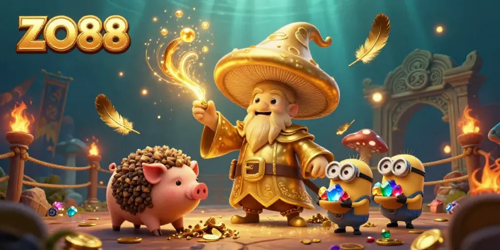Experience ZO88 casino magic with a golden wizard and treasure-seeking pig amid dynamic gaming elements.