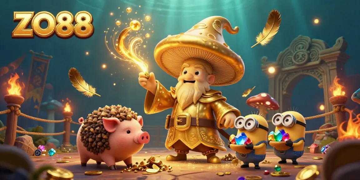 Experience ZO88 casino magic with a golden wizard and treasure-seeking pig amid dynamic gaming elements.