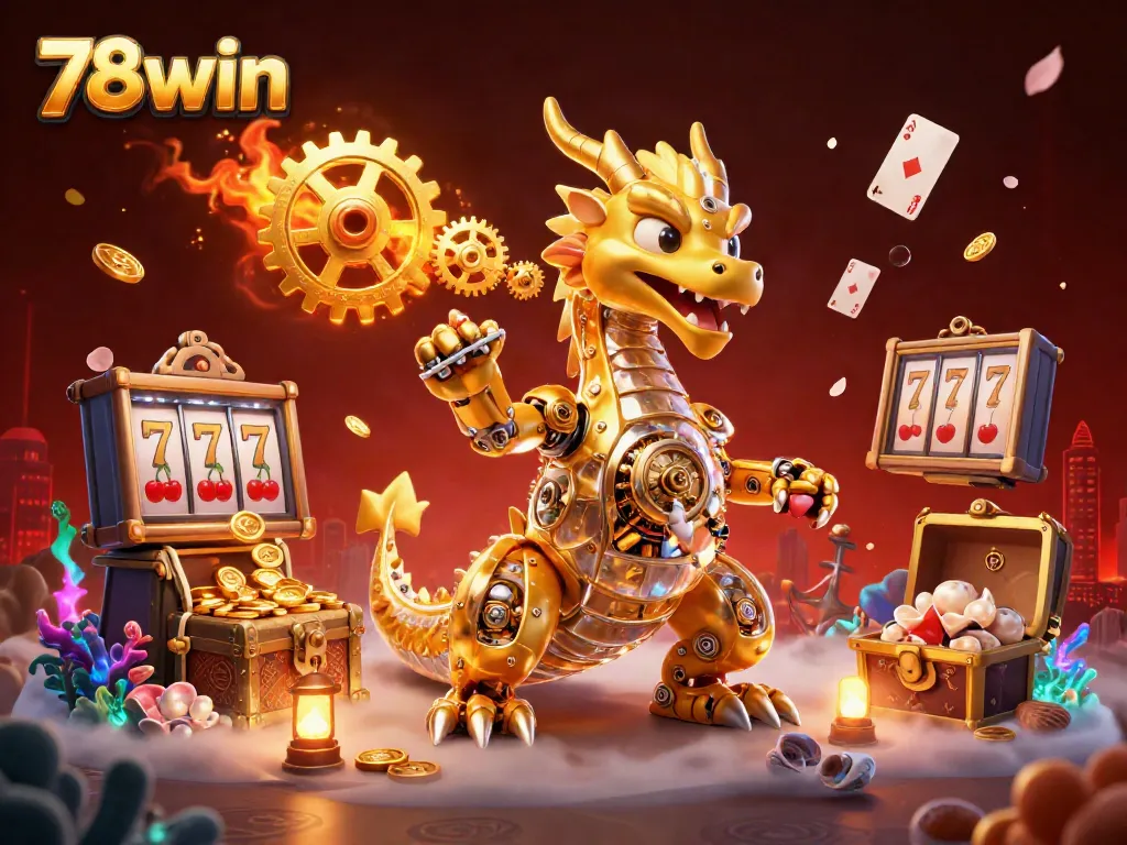 Engage with 78win's thrilling online casino world featuring a golden dragon amidst slot machines and treasure.