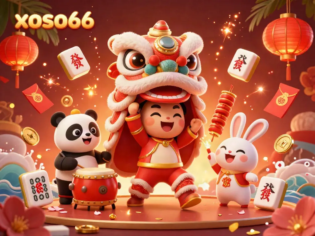 Experience the excitement of xoso66 with this festive casino scene showcasing a lion dance, games, and vibrant celebrations.