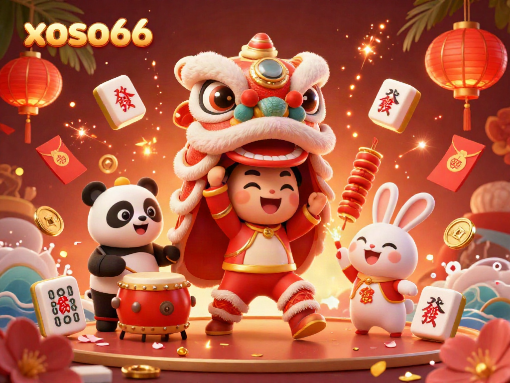 Experience the excitement of xoso66 with this festive casino scene showcasing a lion dance, games, and vibrant celebrations.