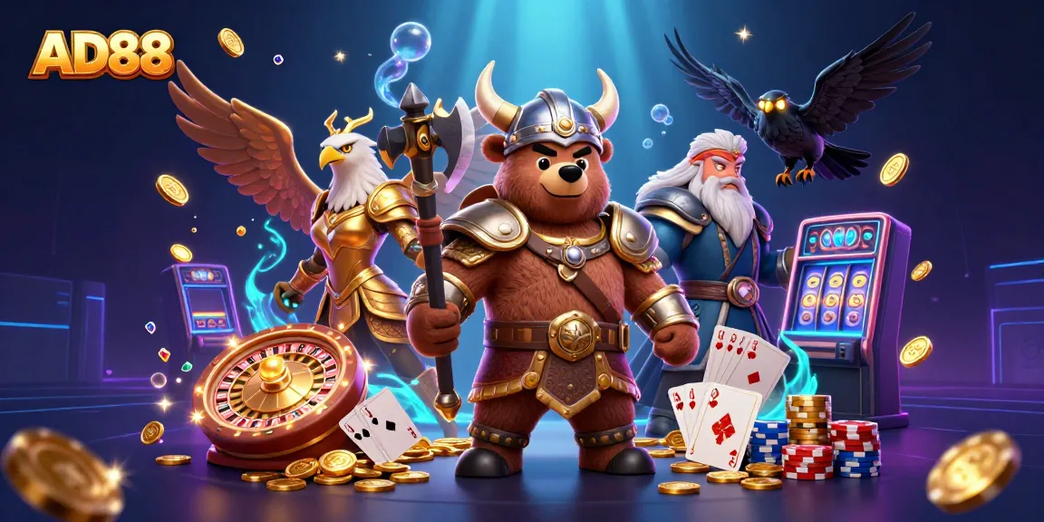 Engage with AD88's thrilling casino experience featuring Viking and Valkyrie characters, surrounded by vibrant game elements.