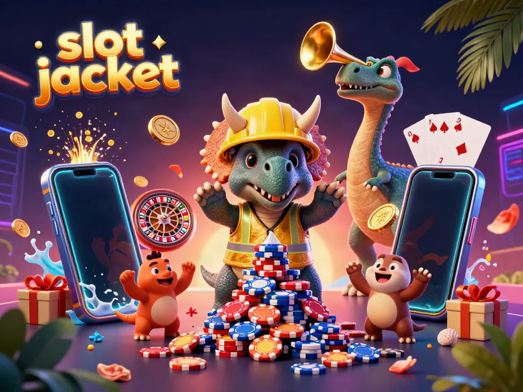 Exciting scene illustrating a slot jackpot theme with a triceratops building poker chip pyramids amid lively casino elements.