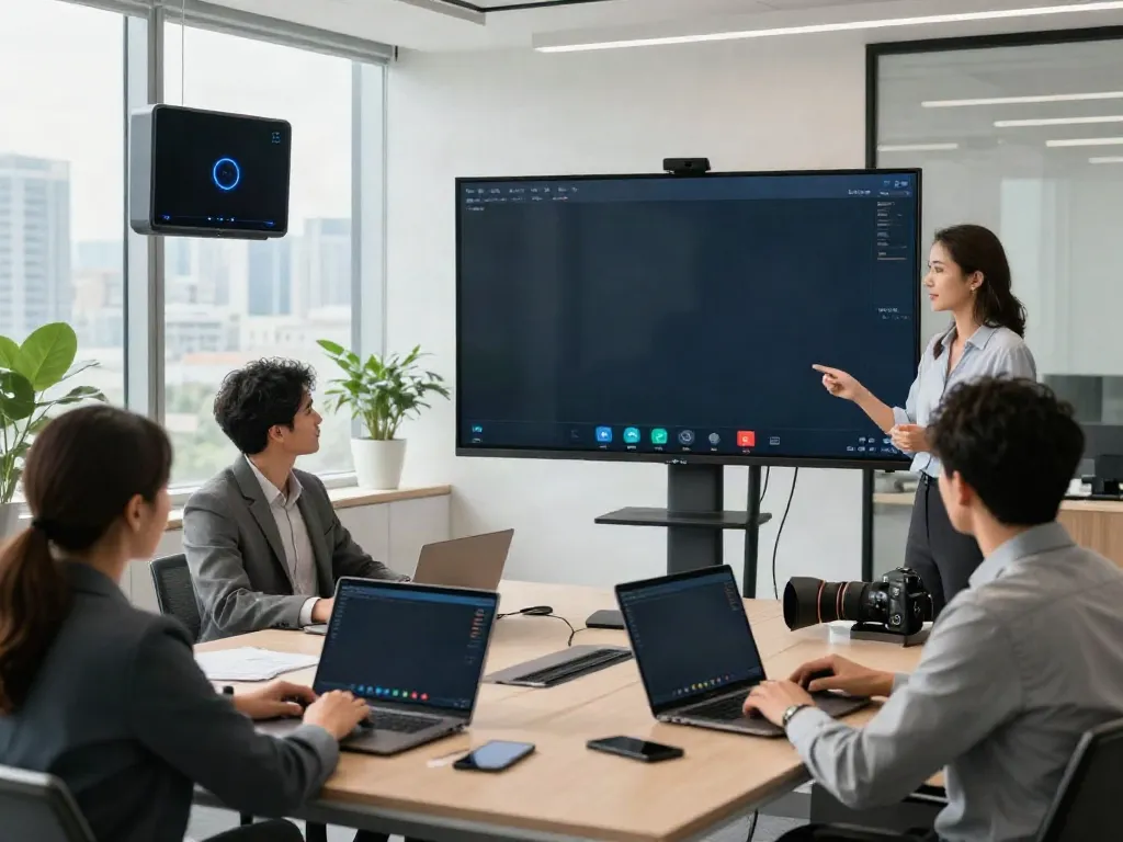 Deepfake-protected meetings in an innovative corporate video conferencing setting with diverse professionals.