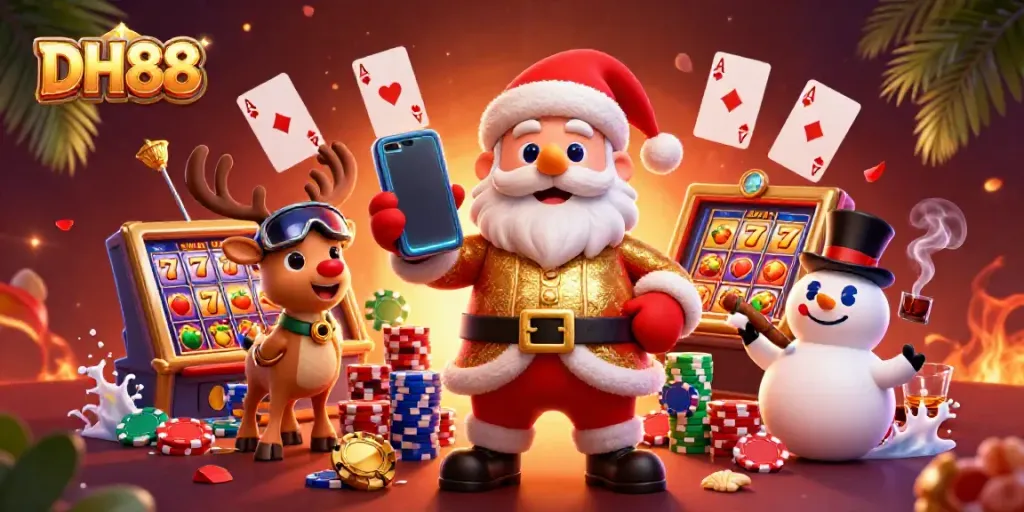 Experience the excitement of DH88 with Santa celebrating a jackpot win in a vibrant casino!