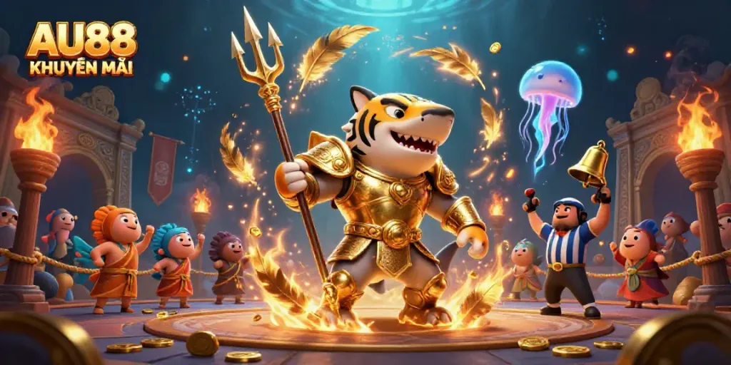 Experience exhilarating gameplay with AU88 KHUYẾN MÃI in a vibrant underwater casino scene featuring a gladiator shark.