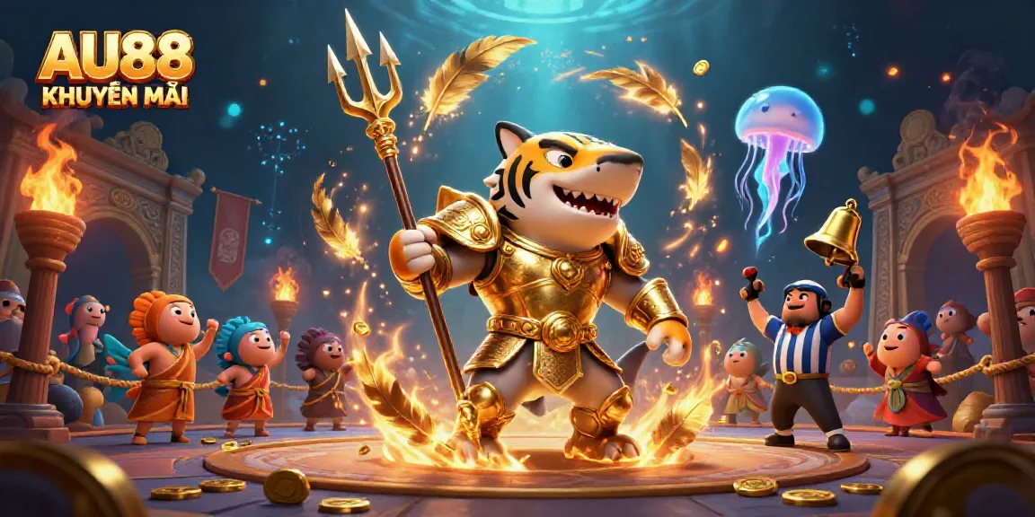 Experience exhilarating gameplay with AU88 KHUYẾN MÃI in a vibrant underwater casino scene featuring a gladiator shark.
