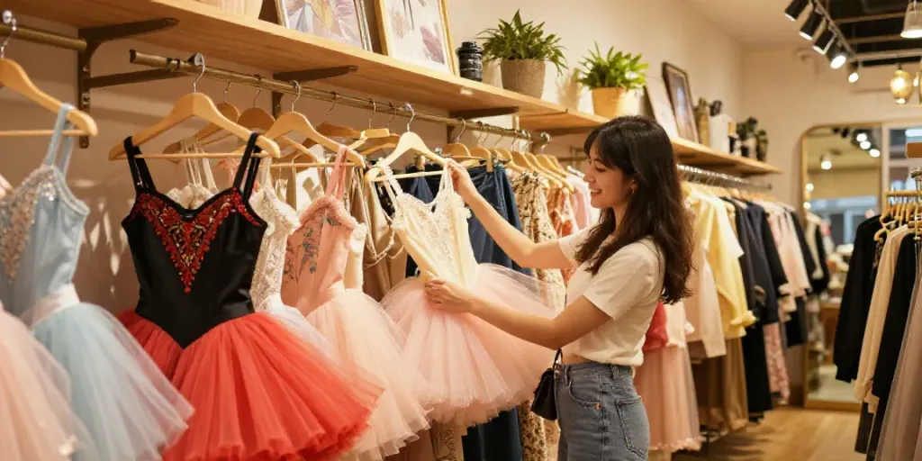 Shopping for vibrant tutus at tutu-store.com in a stylish boutique, showcasing colorful fabrics.