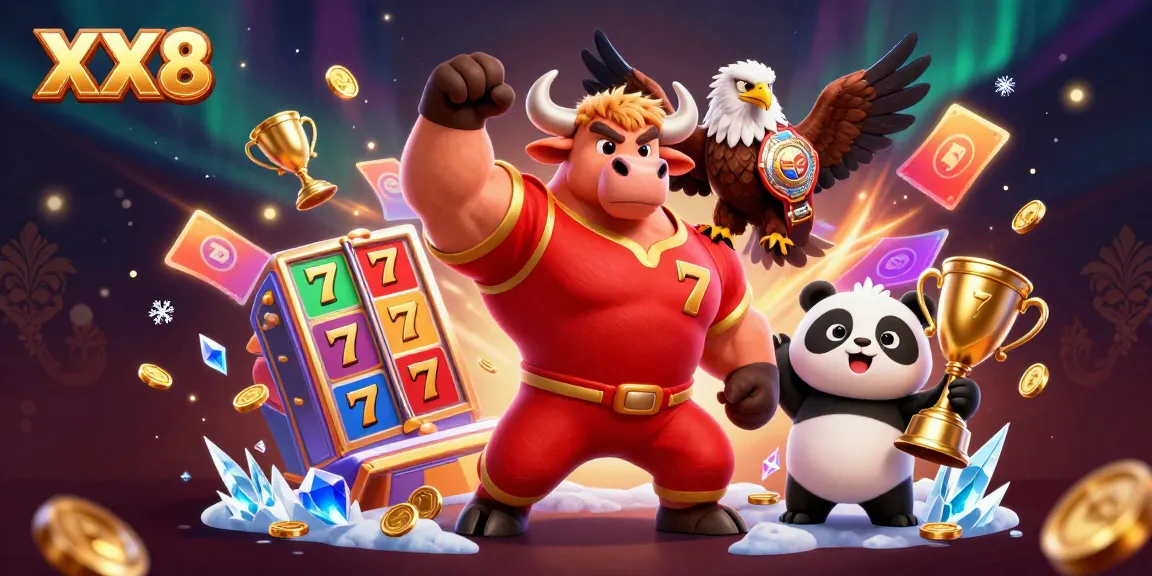 Experience thrilling slot action at XX8 with a vibrant mascot trio celebrating with trophies and gold coins.