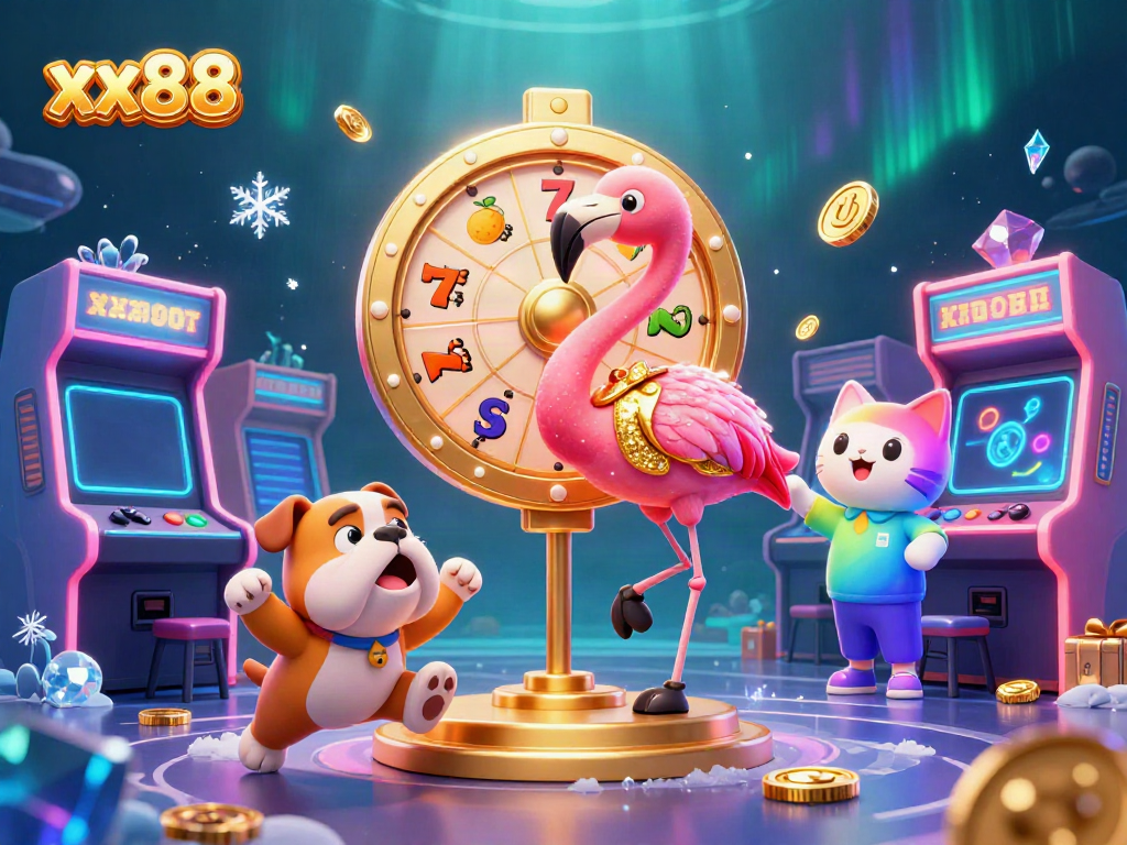 Engaging xx88 casino scene with a flamingo host, bulldog contestant, and cat assistant