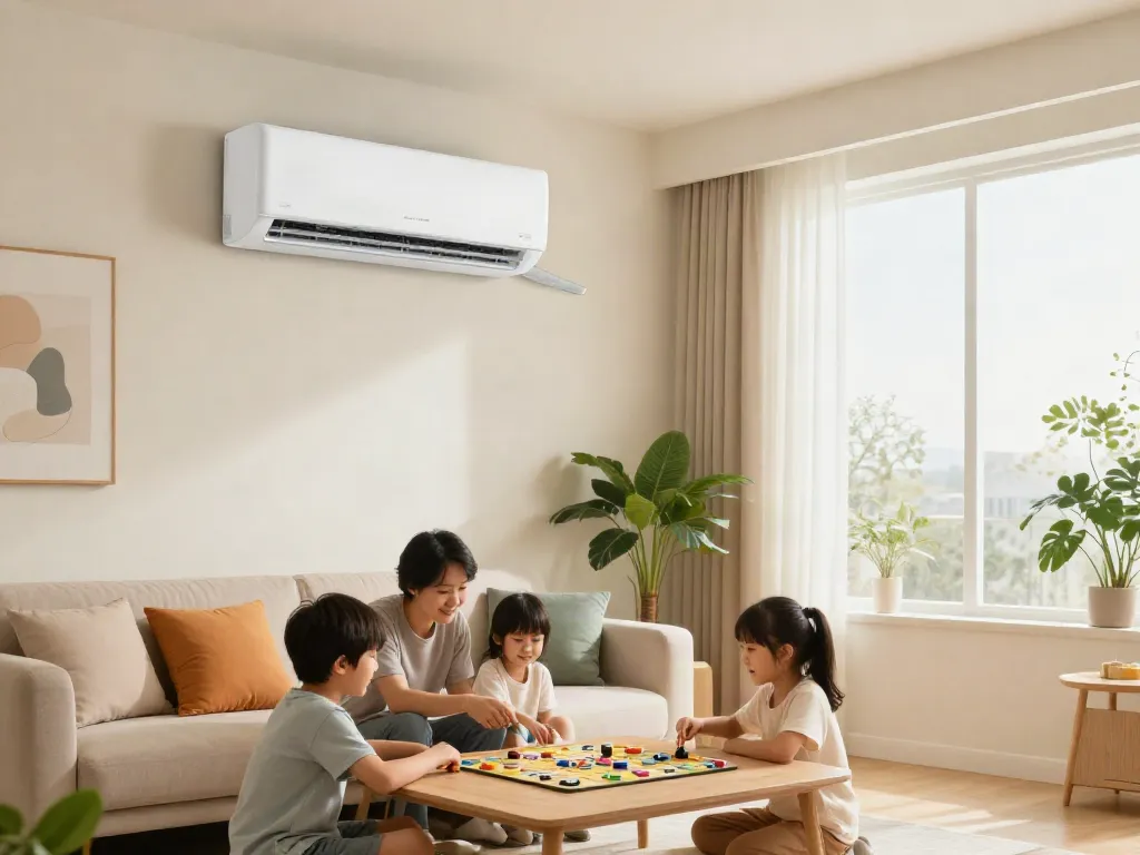 Mini split ac unit in a modern living room, enhancing family comfort.