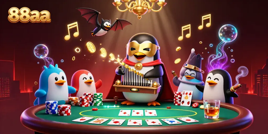 Experience the excitement of 88aa with a cartoon penguin and gold coins in a vibrant casino scene.