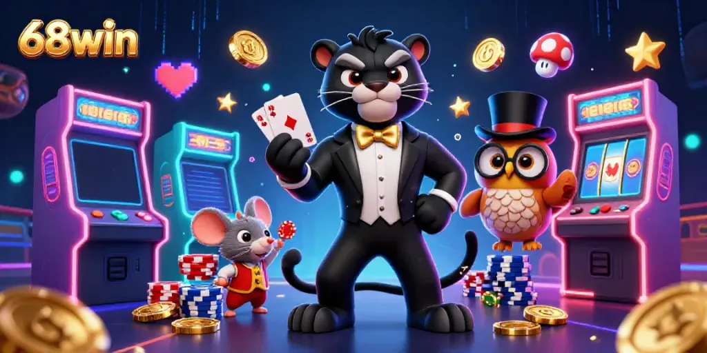 Experience the thrill of 68win with a 3D panther, owl, and mouse in a vibrant casino scene.