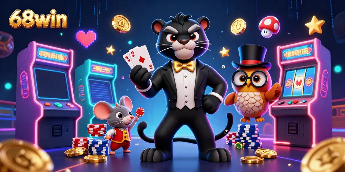 Experience the thrill of 68win with a 3D panther, owl, and mouse in a vibrant casino scene.