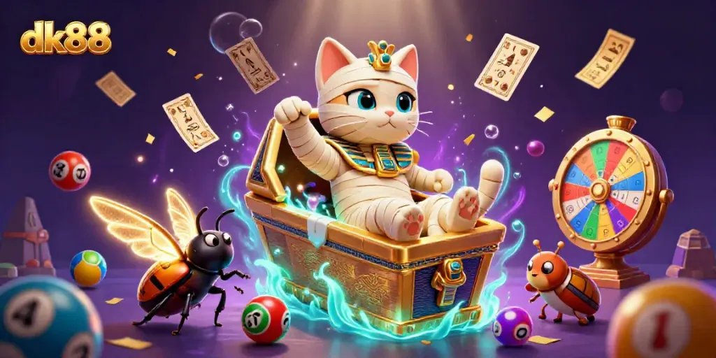Experience vibrant gaming with dk88 featuring a mummy cat and lively casino elements.