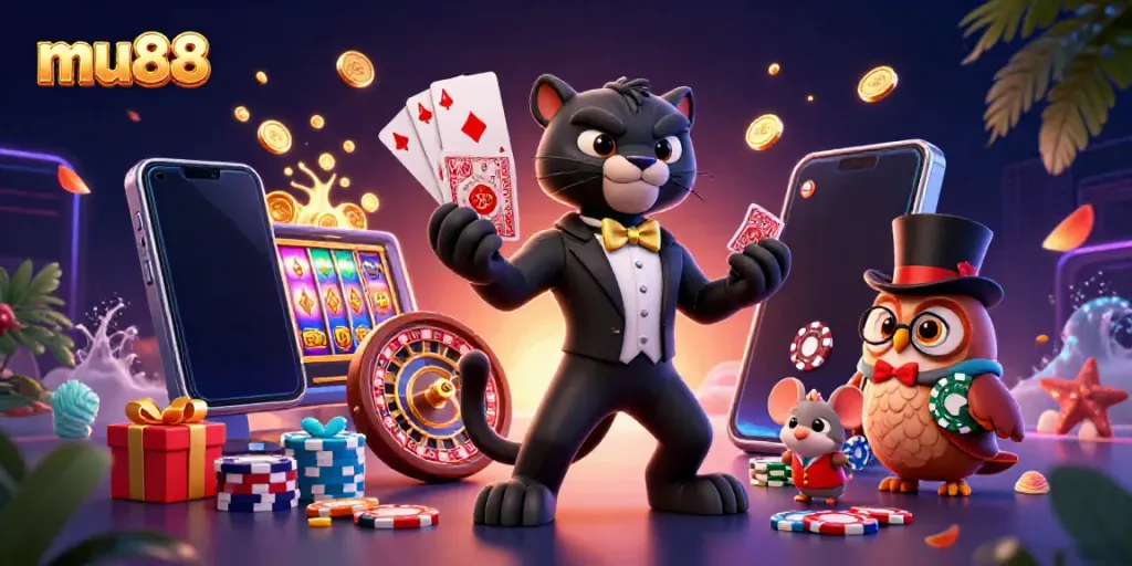 mu88 offers a vibrant casino experience featuring a stylish panther dealer and playful characters amidst dynamic game elements.