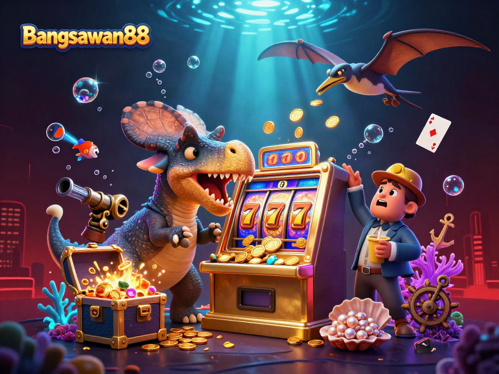 Bangsawan88 slots action with vibrant 3D dinosaurs engaging a golden jackpot machine.