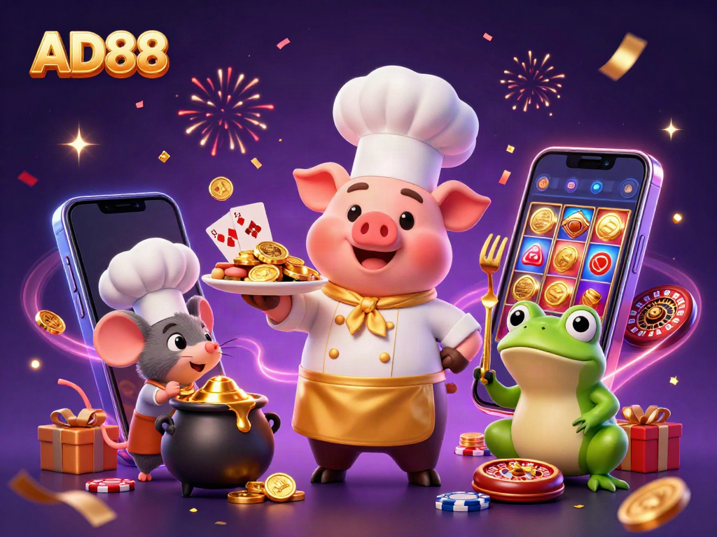 AD88 presents a lively scene with a cartoon chef pig serving gold coins, showcasing gambling excitement.