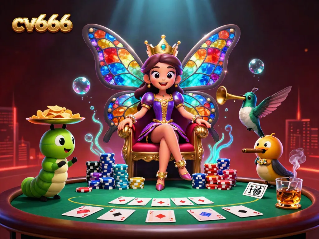 Win big with cv666 in a vibrant casino scene featuring a butterfly queen and poker elements.
