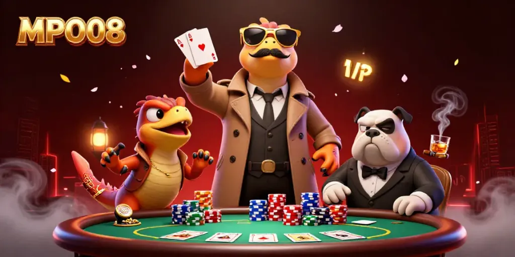 MPO08 features raptors in a trench coat entering a VIP casino lounge, surrounded by poker elements.