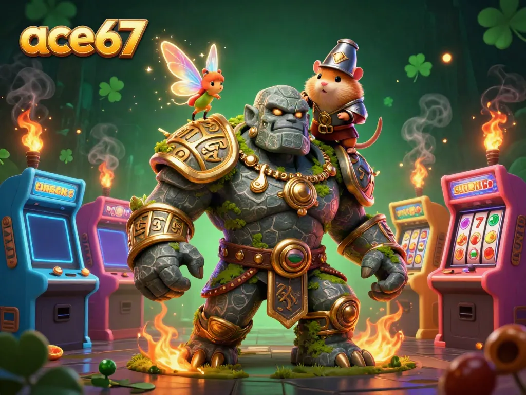Engage in thrilling adventures at ace67 with a 3D golem, a fairy, and a knight amidst vibrant casino games.