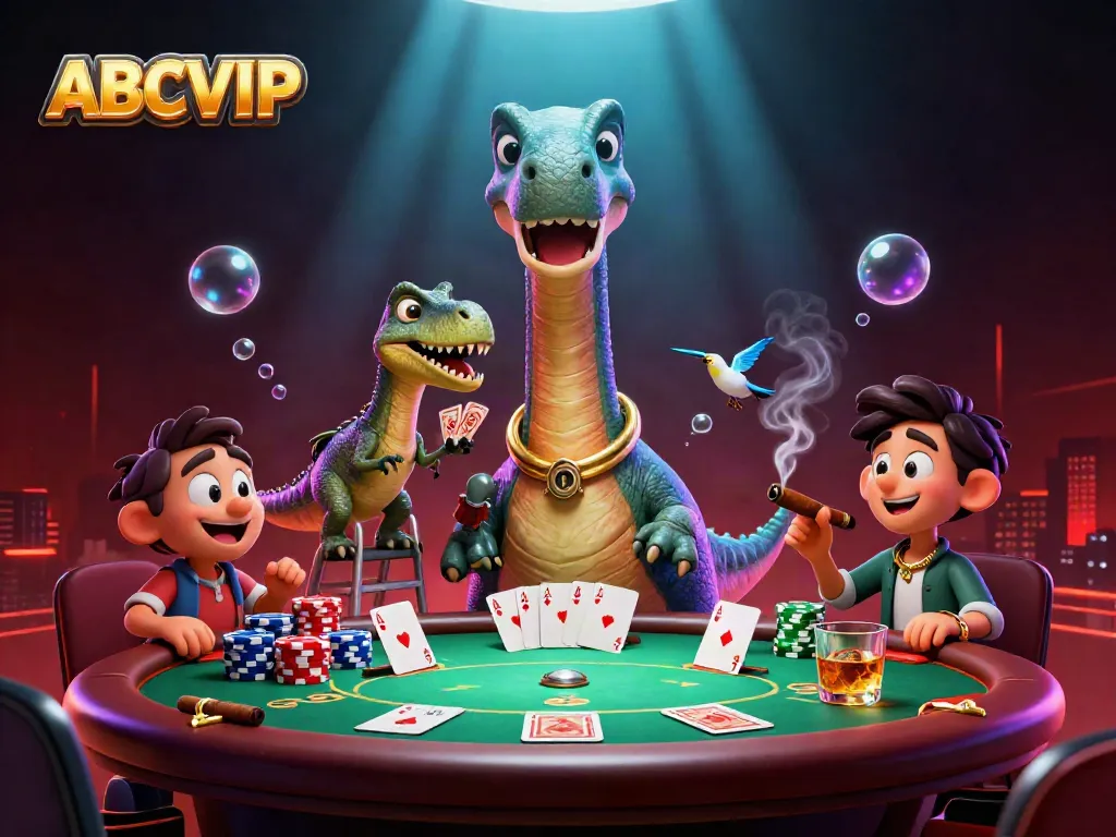 ABCVIP brings the excitement of a lively casino scene with giant characters illustrating high-stakes poker.