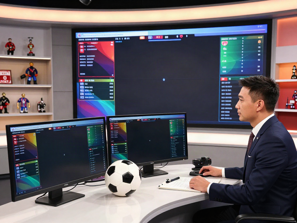 Real-time football match analysis showcasing ผลบอลสด updates and statistics in a vibrant sports studio.