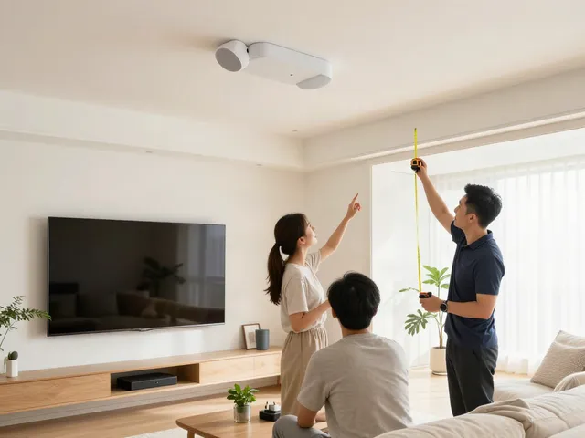 Smart ceiling speakers integrated into a modern living room with a couple discussing installation.