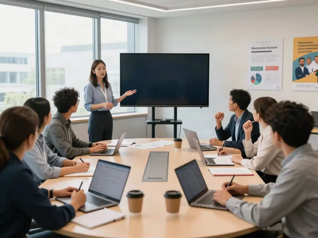 Leadership training for organizations in an engaging workshop with diverse team collaboration.