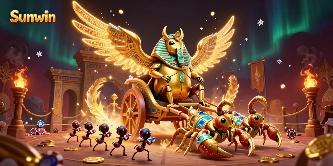 Experience the excitement of Sunwin as a grand golden scarab beetle leads a casino-themed scene filled with gaming elements.