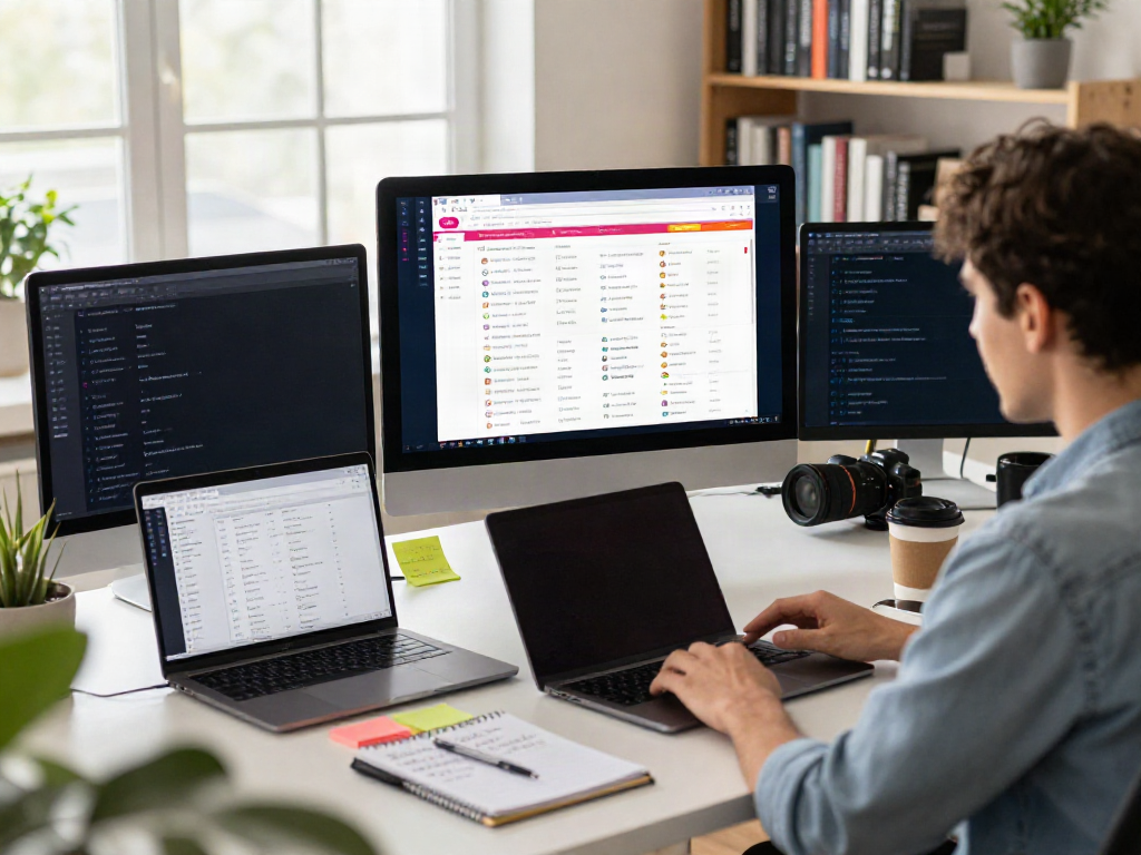 Engaged individual curating 링크모음 in a modern workspace with multiple screens.