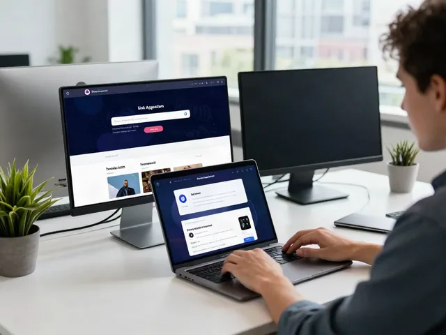 Creative workspace showcasing a link aggregation platform in action, featuring a person on a laptop surrounded by modern tech.