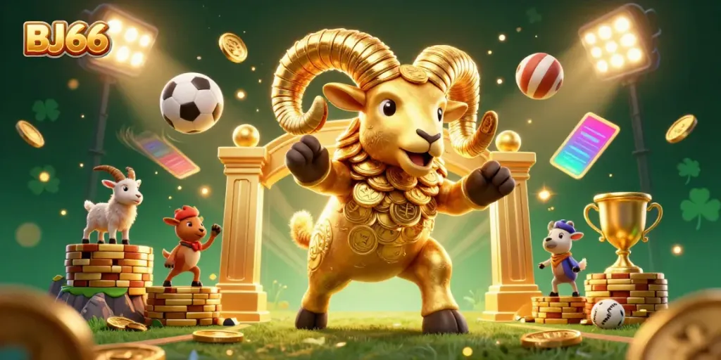 Engage in thrilling sports betting at BJ66, with cartoon golden ram charging through a dynamic casino scene.
