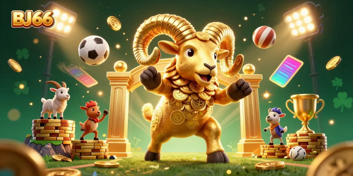 Engage in thrilling sports betting at BJ66, with cartoon golden ram charging through a dynamic casino scene.